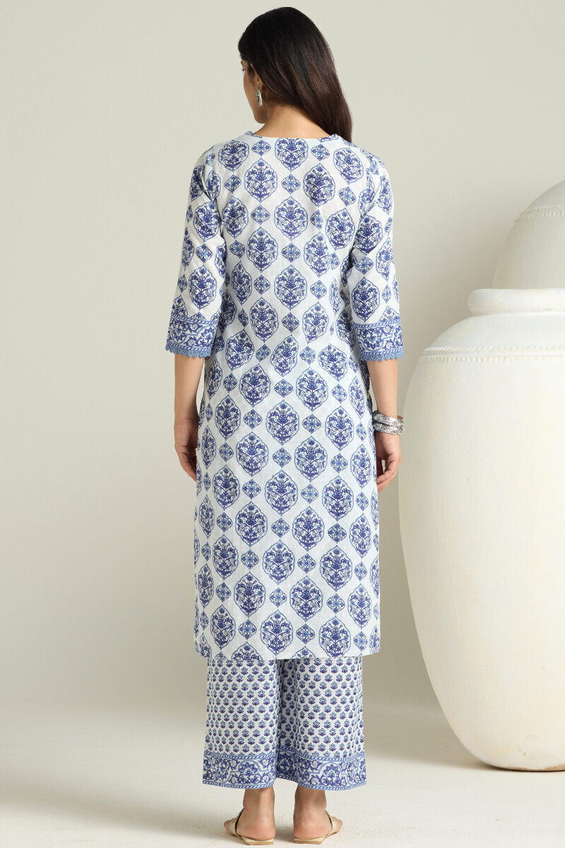 White Hand Printed Straight Cotton Dobby Kurta