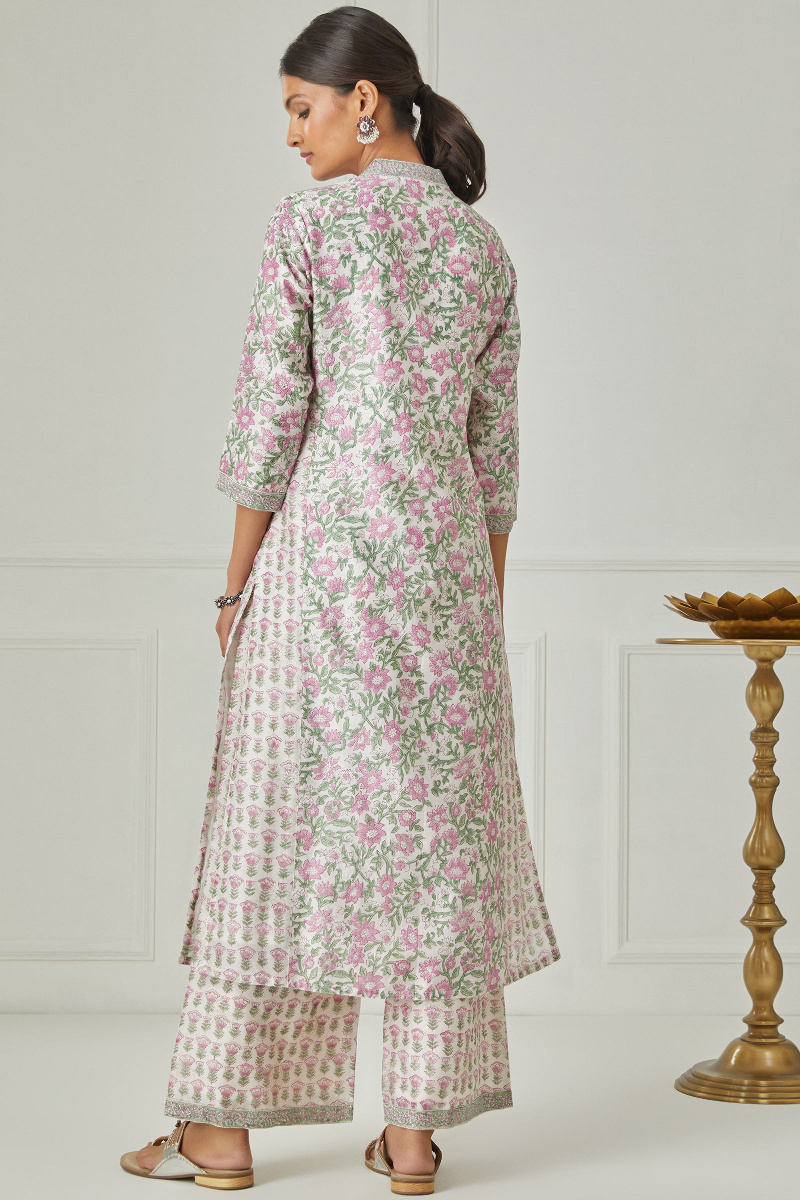 Off-White Block Printed Straight Chanderi Kurta