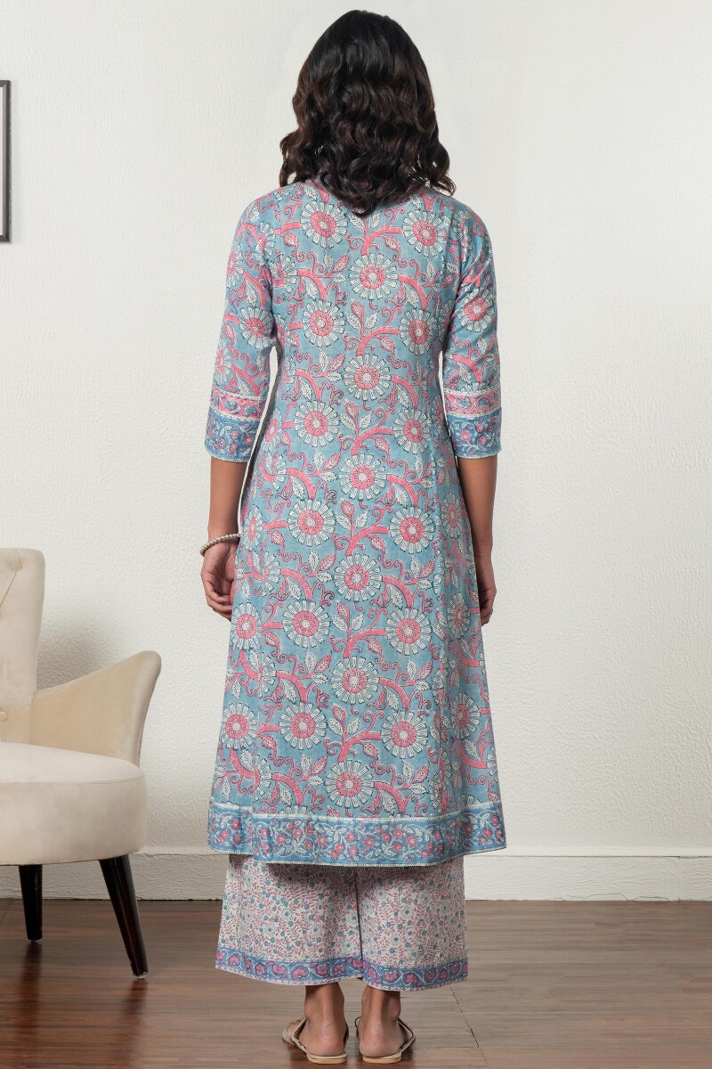 Blue Block Printed A-Line Cotton Kurta