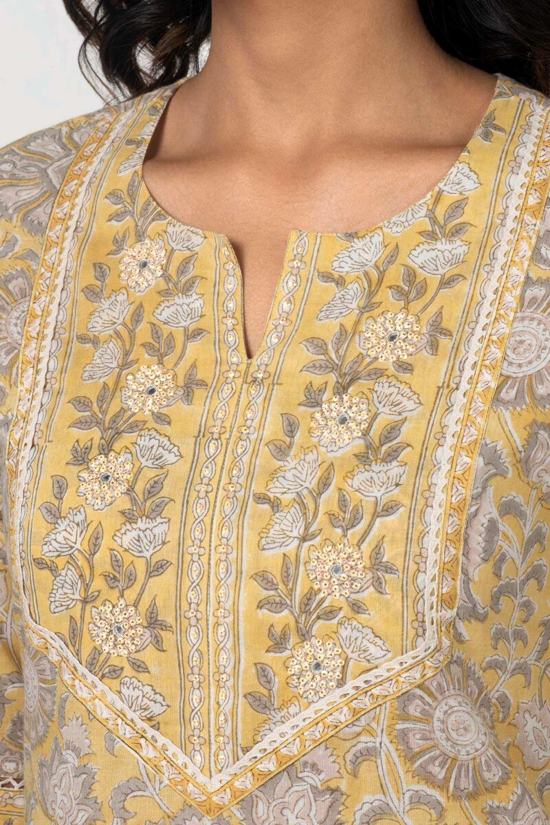 Yellow Block Printed Straight Cotton Kurta