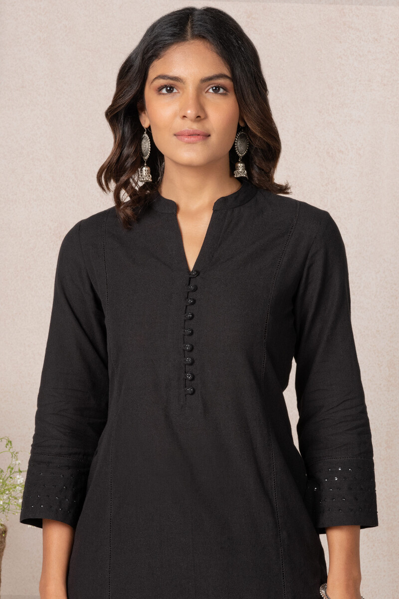 Black Handcrafted Straight Cotton Kurta