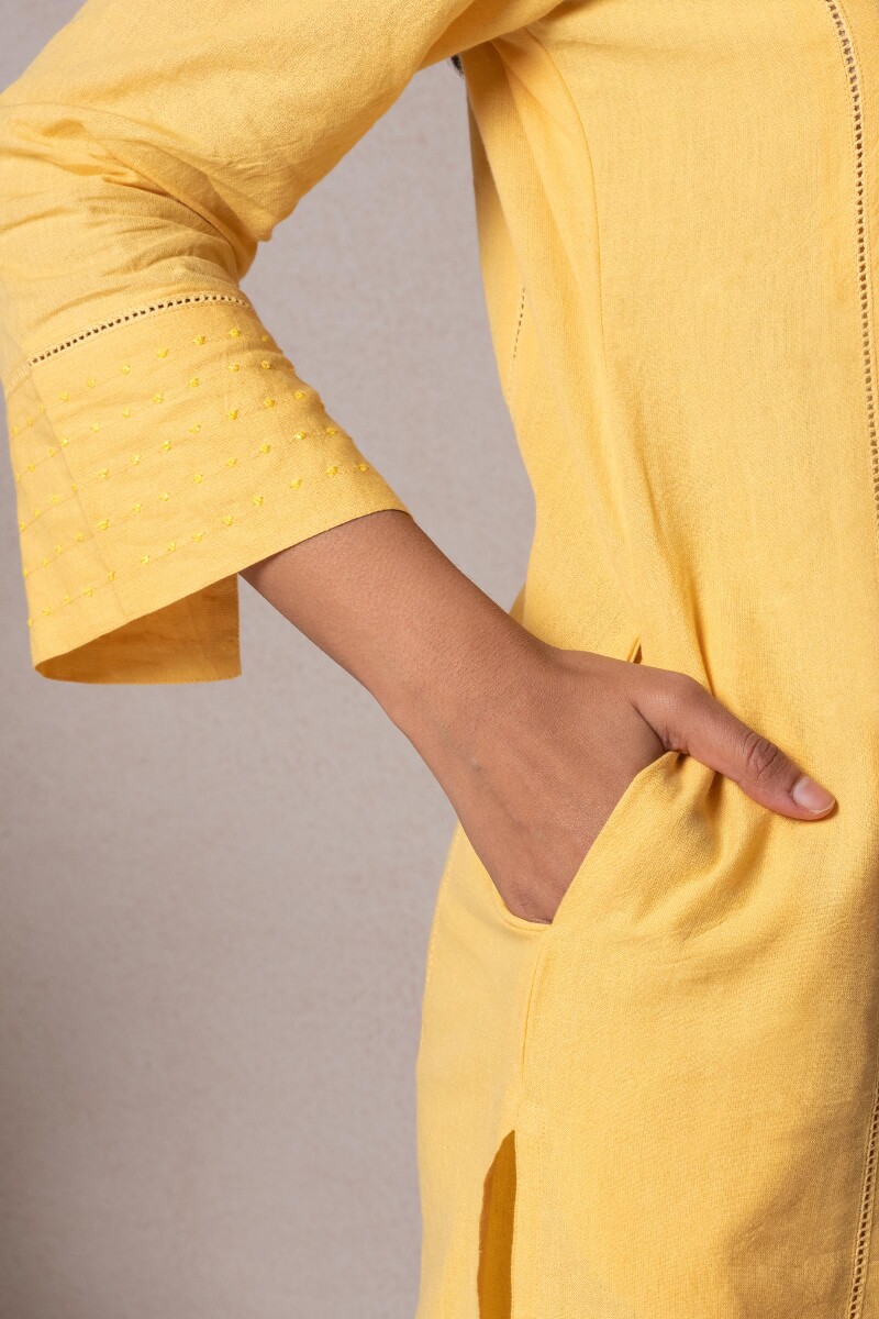 Yellow Handcrafted Straight Cotton Kurta