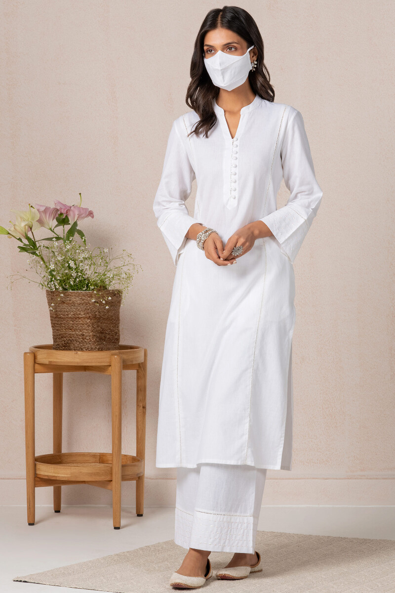 White Handcrafted Straight Cotton Kurta