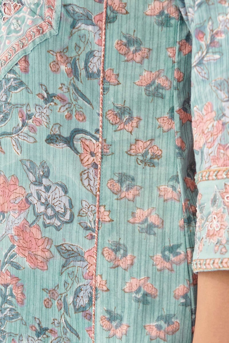 Blue Hand Block Printed A-Line Cotton Kurta