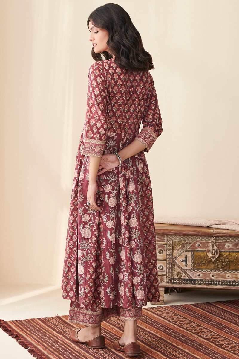 Maroon Hand Block Printed Anarkali Cotton Kurta