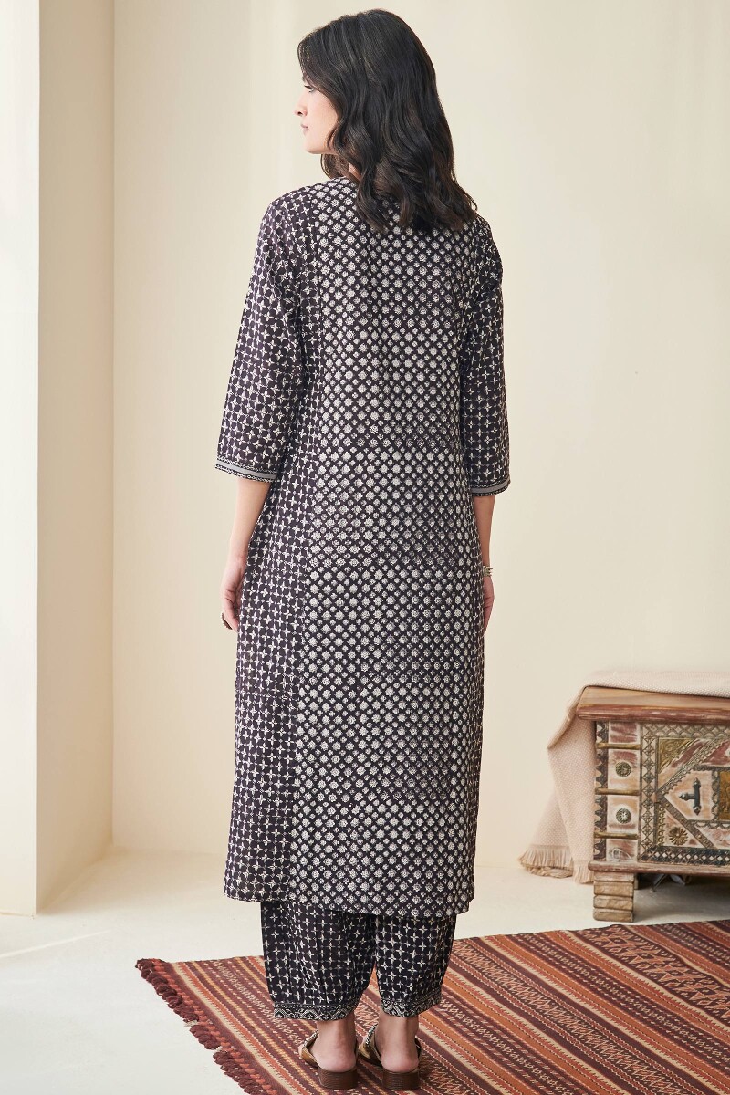 Black Hand Block Printed Straight Cotton Kurta