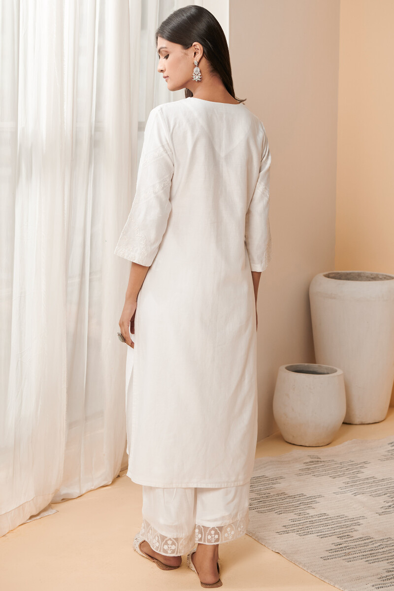 White Handcrafted Straight Chanderi Kurta