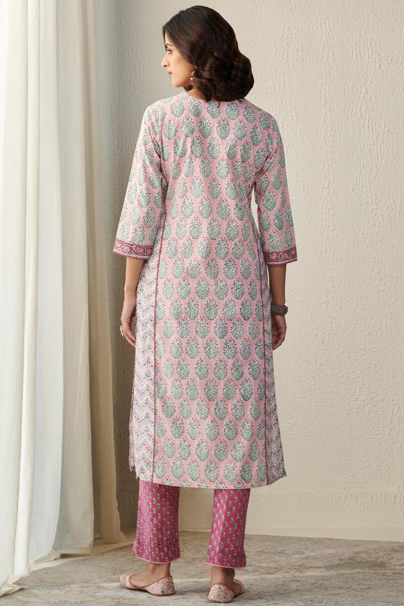 Pink Block Printed Straight Cotton Kurta