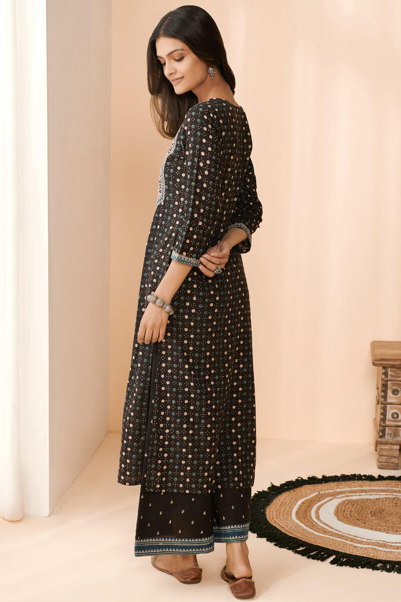 Black Hand Block Printed Straight Cotton Kurta