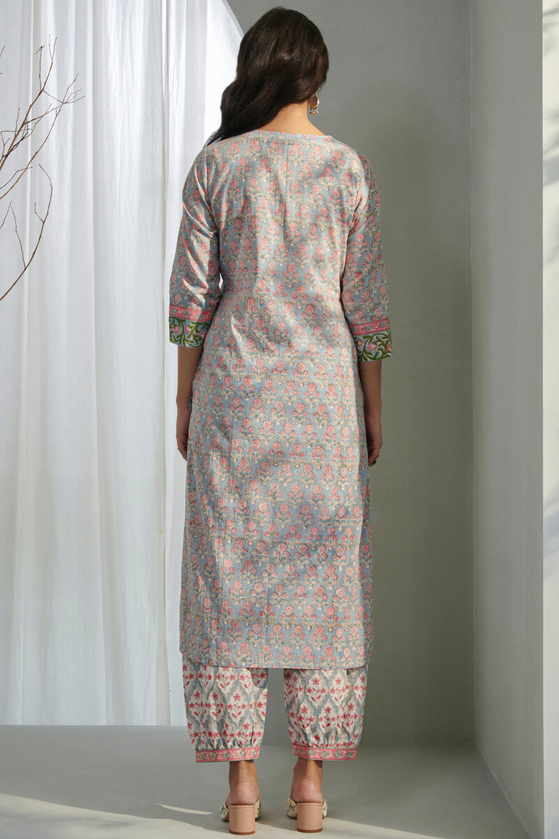 Grey Hand Block Printed Straight Cotton Kurta
