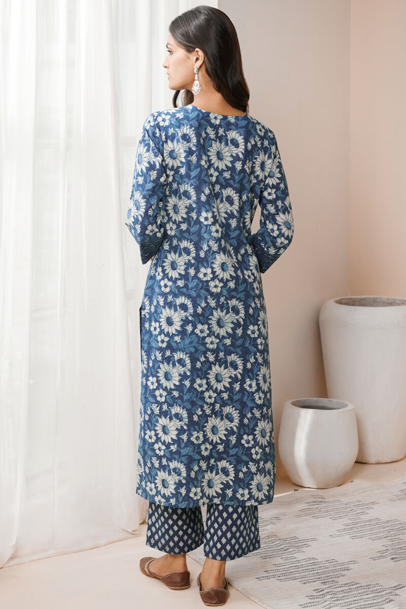 Indigo Hand Block Printed Straight Cotton Kurta