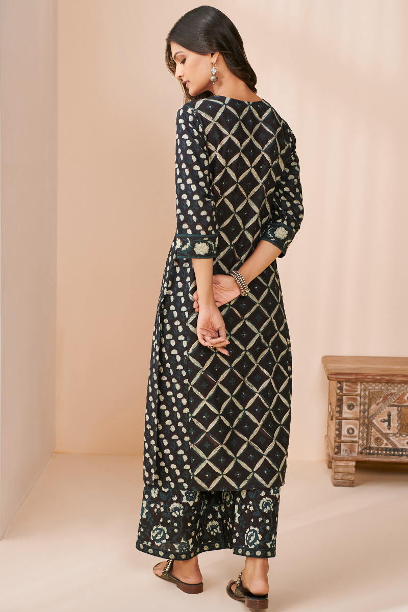 Black Hand Block Printed Straight Cotton Kurta