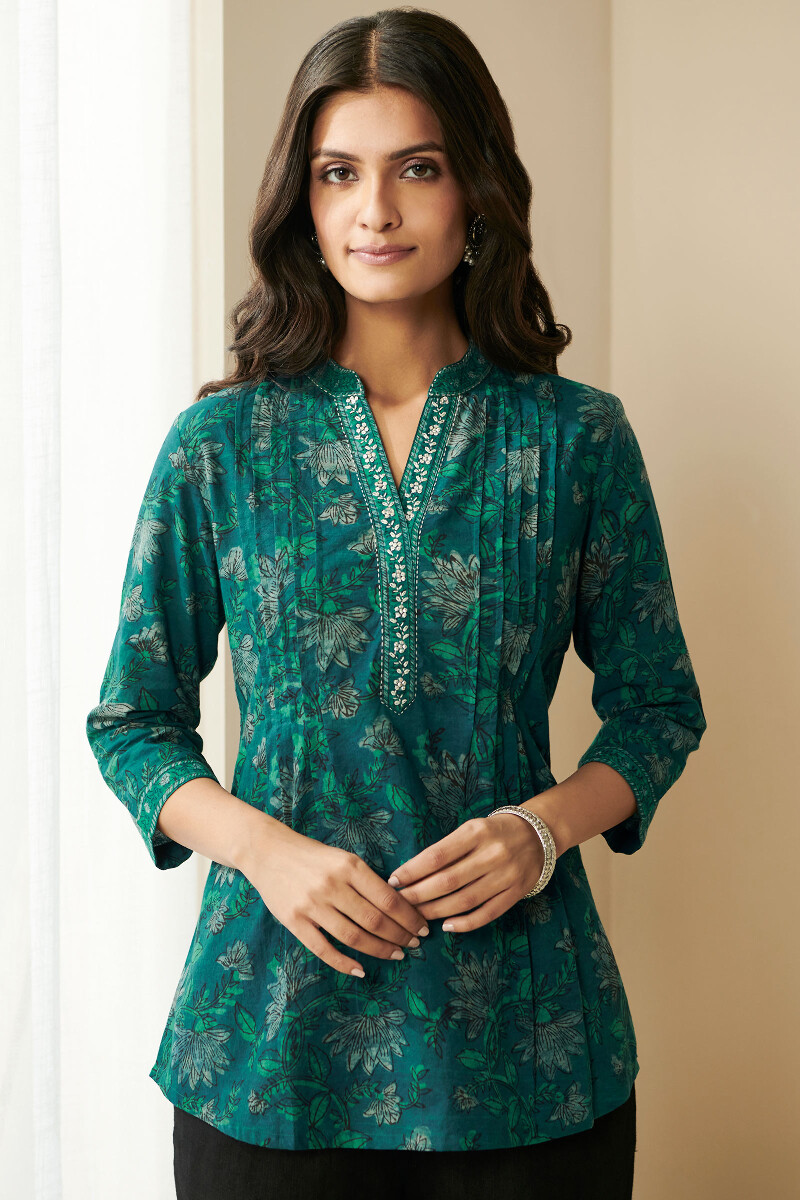 Turquoise Blue Hand Block Printed Cotton Top