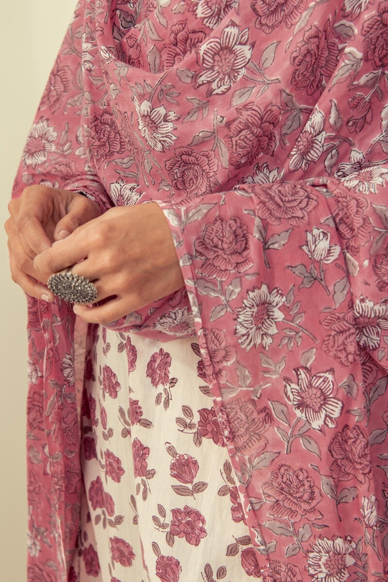 Pink Hand Block Printed Cotton Mul Dupatta
