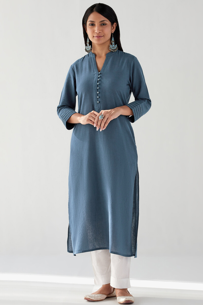 Blue Handcrafted Straight Handloom Kurta