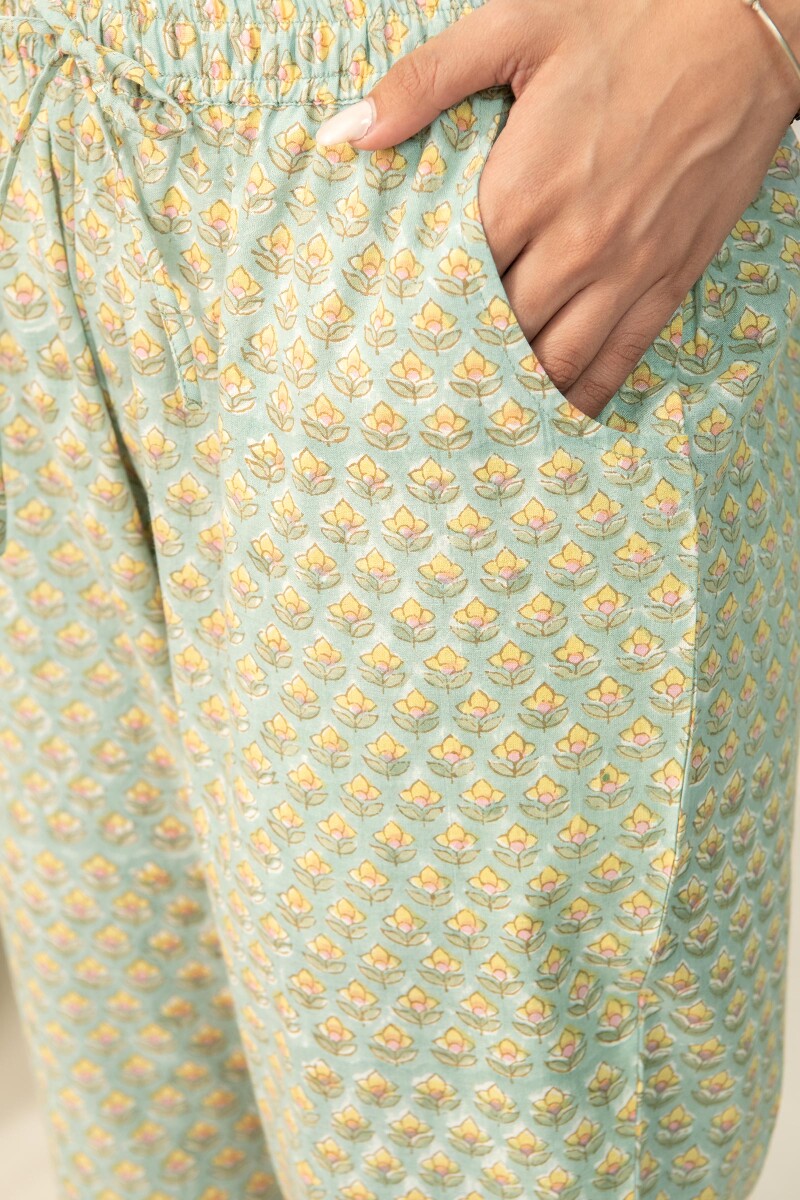 Blue Hand Block Printed Cotton Narrow Pants