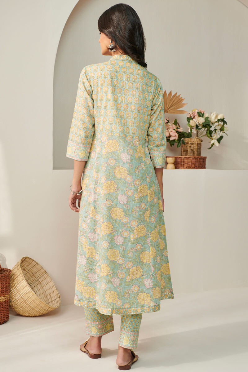Blue Hand Block Printed A-Line Cotton Mul Kurta