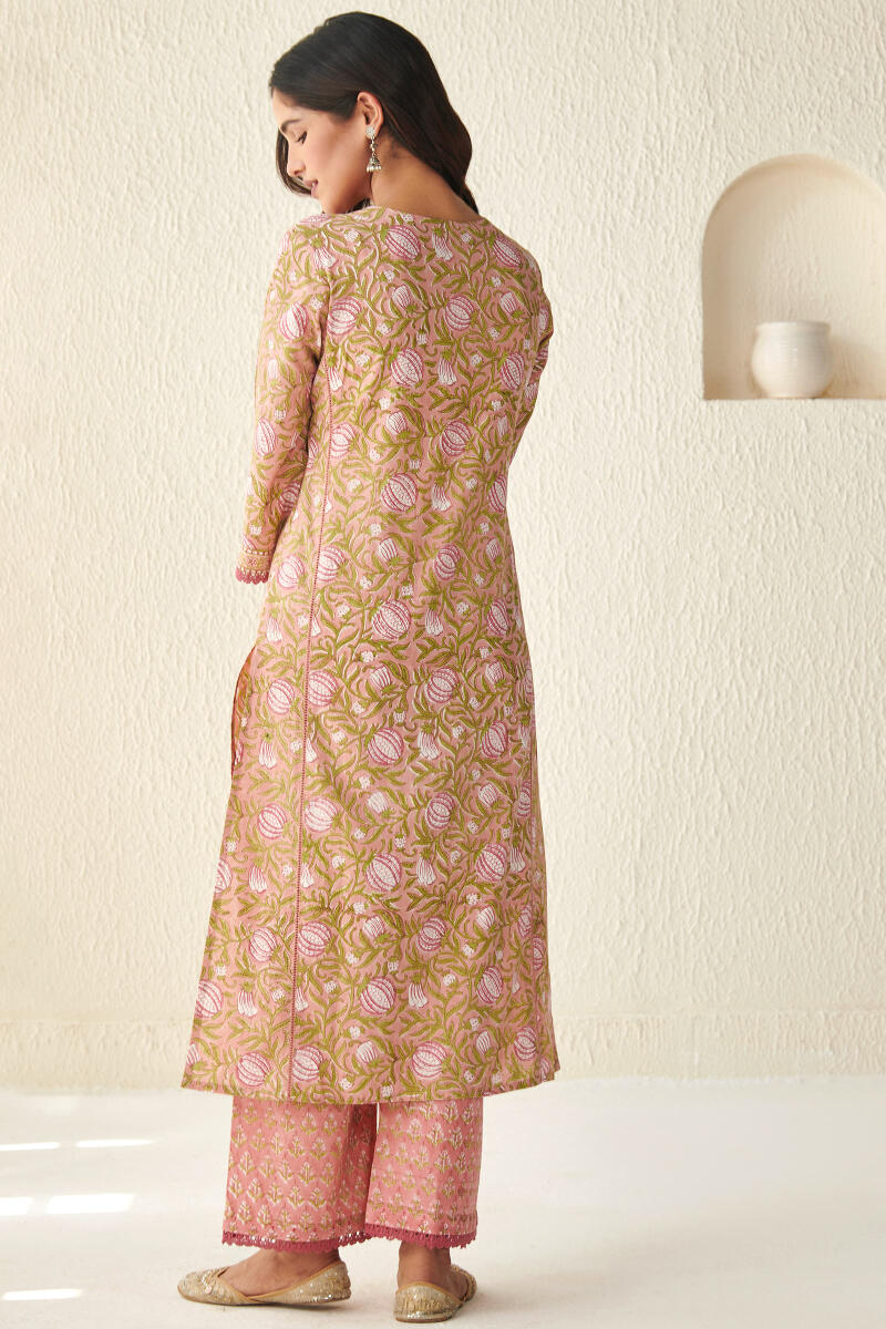 Pink Hand Block Printed Straight Cotton Kurta