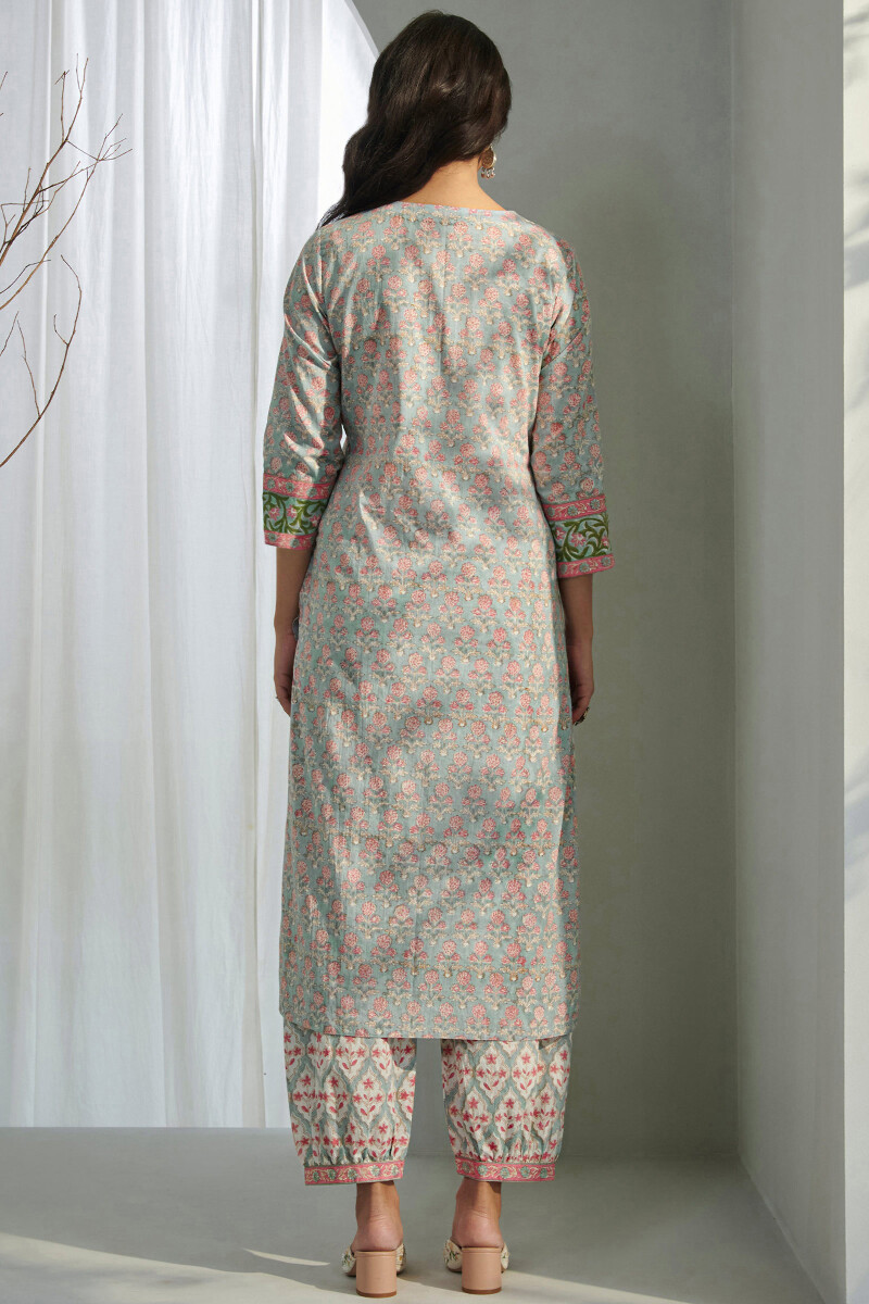 Grey Hand Block Printed Straight Cotton Kurta