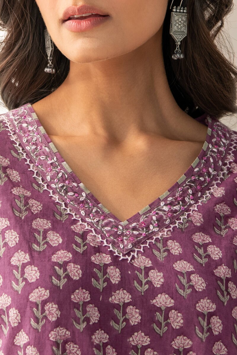 Purple Hand Block Printed A-Line Cotton Slub Kurta