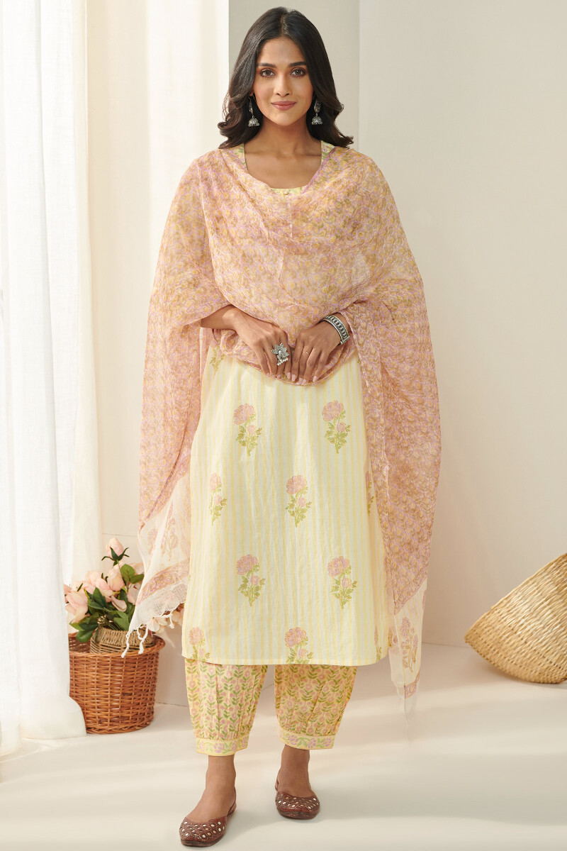 Yellow Hand Block Printed Straight Cotton Kurta
