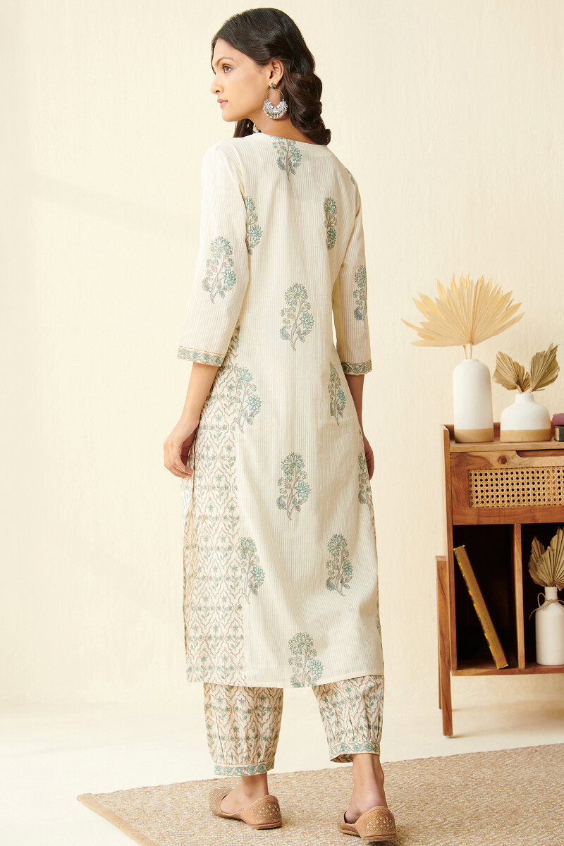 Off-White Block Printed Straight Line Dobby Kurta