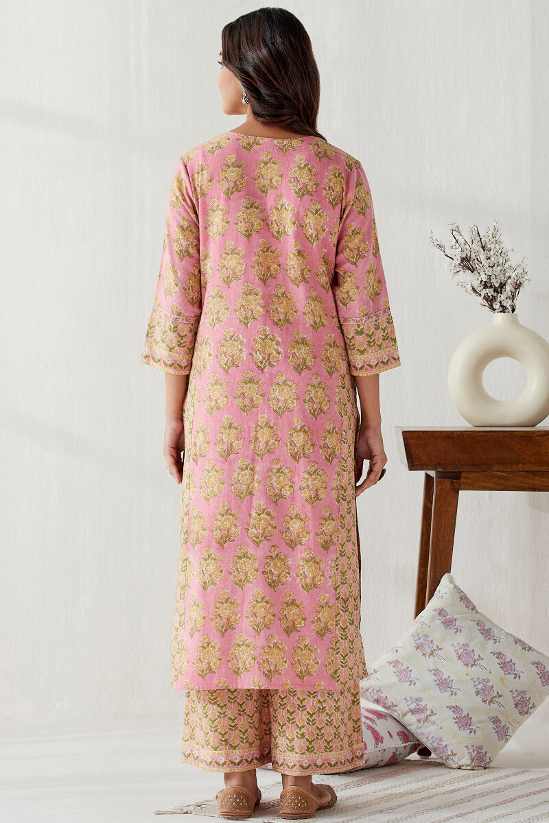 Pink Hand Block Printed Straight Cotton Flax Kurta