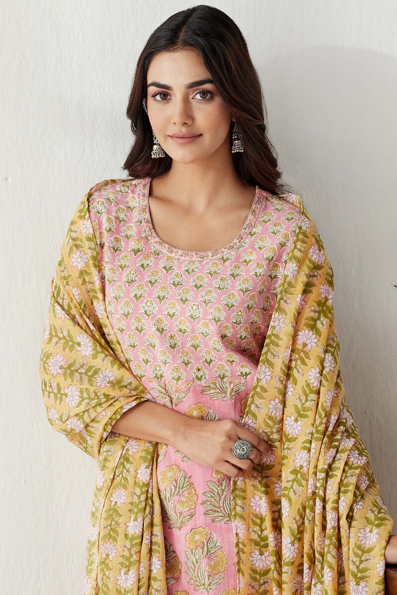 Pink Hand Block Printed Straight Cotton Flax Kurta