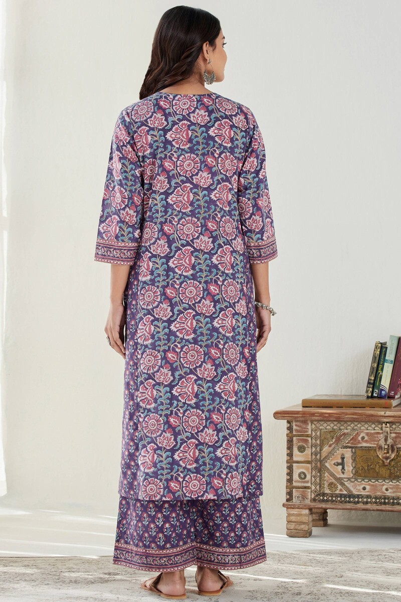 Purple Hand Block Printed Straight Cotton Kurta