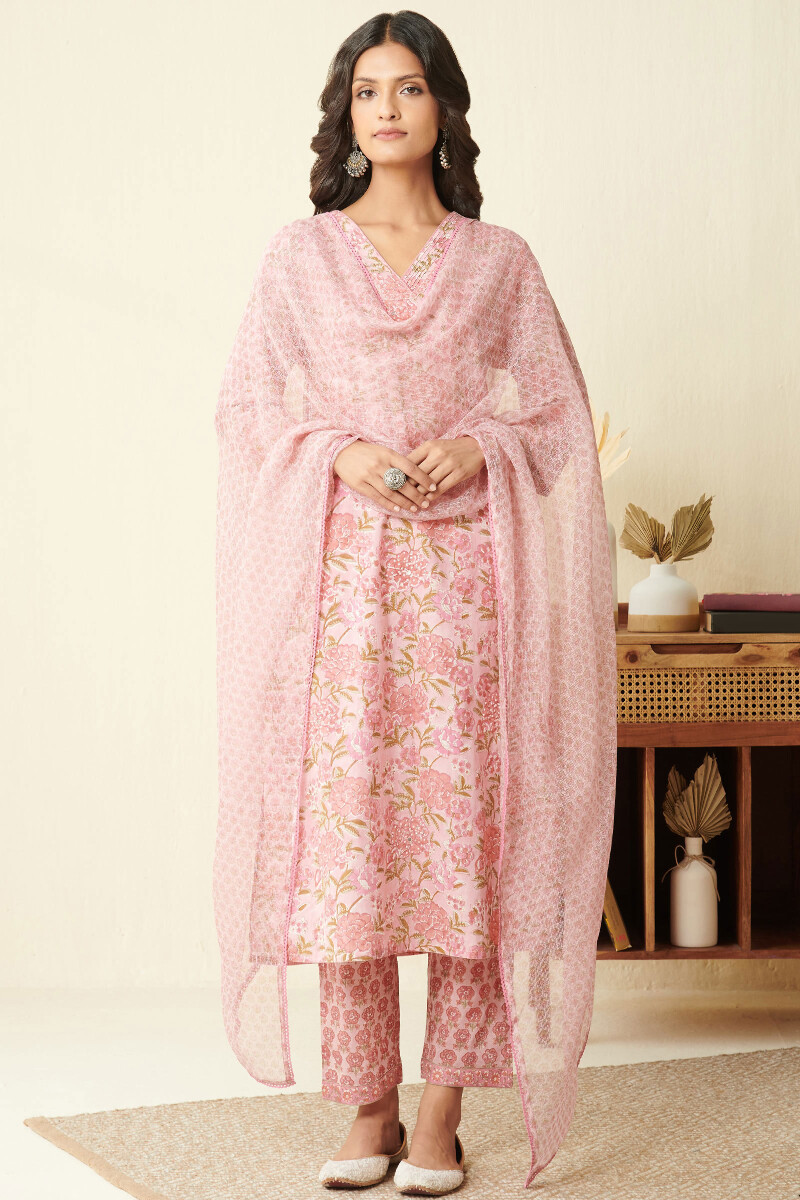 Pink Hand Block Printed Kota Dupatta