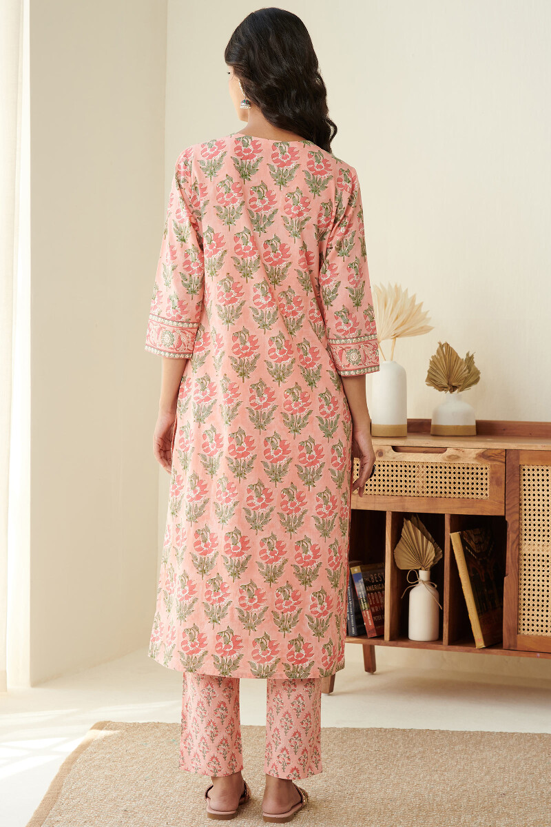 Peach Hand Block Printed Straight Cotton Kurta