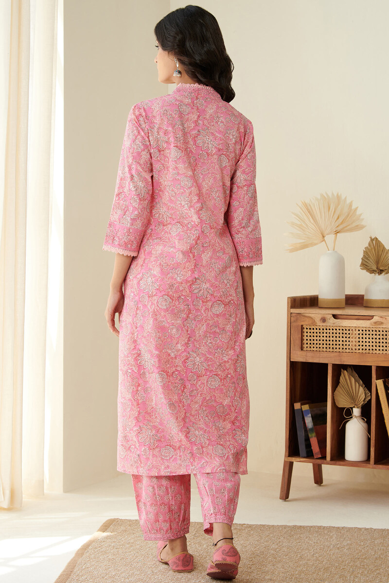 Pink Hand Block Printed Straight Cotton Kurta