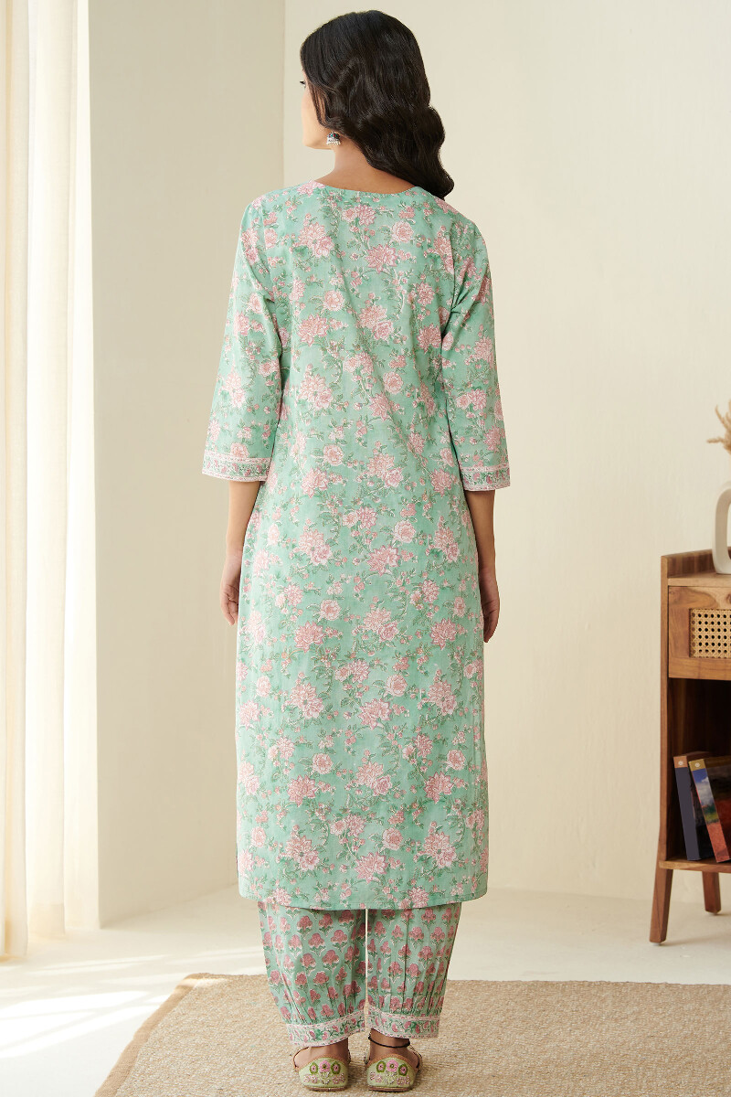 Green Handcrafted Straight Cotton Kurta