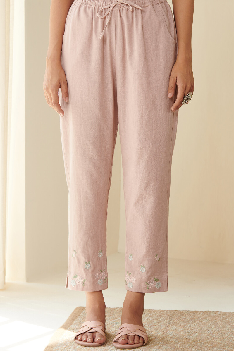 Pink Handcrafted Cotton Flax Narrow Pants