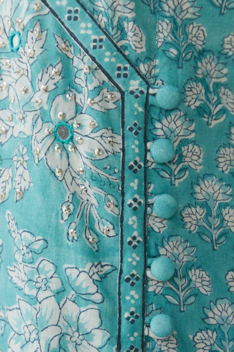 Blue Hand Block Printed A-Line Cotton Kurta
