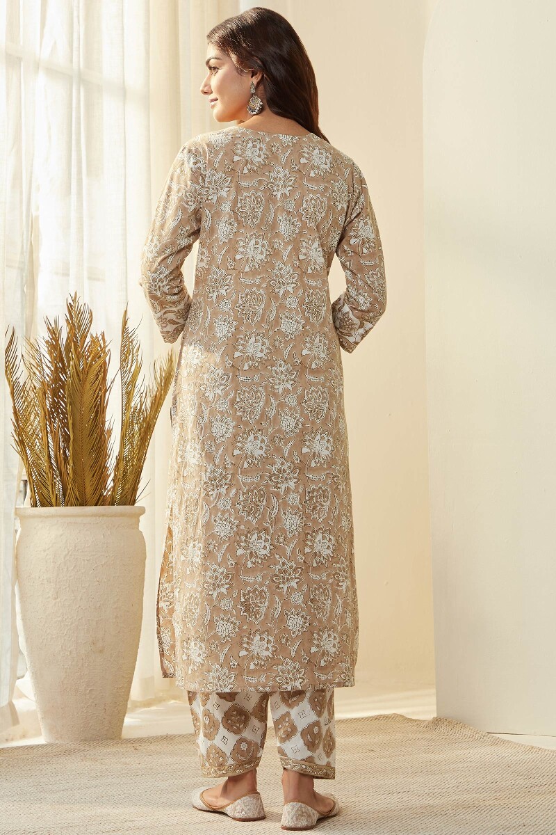 Brown Hand Block Printed Straight Cotton Kurta