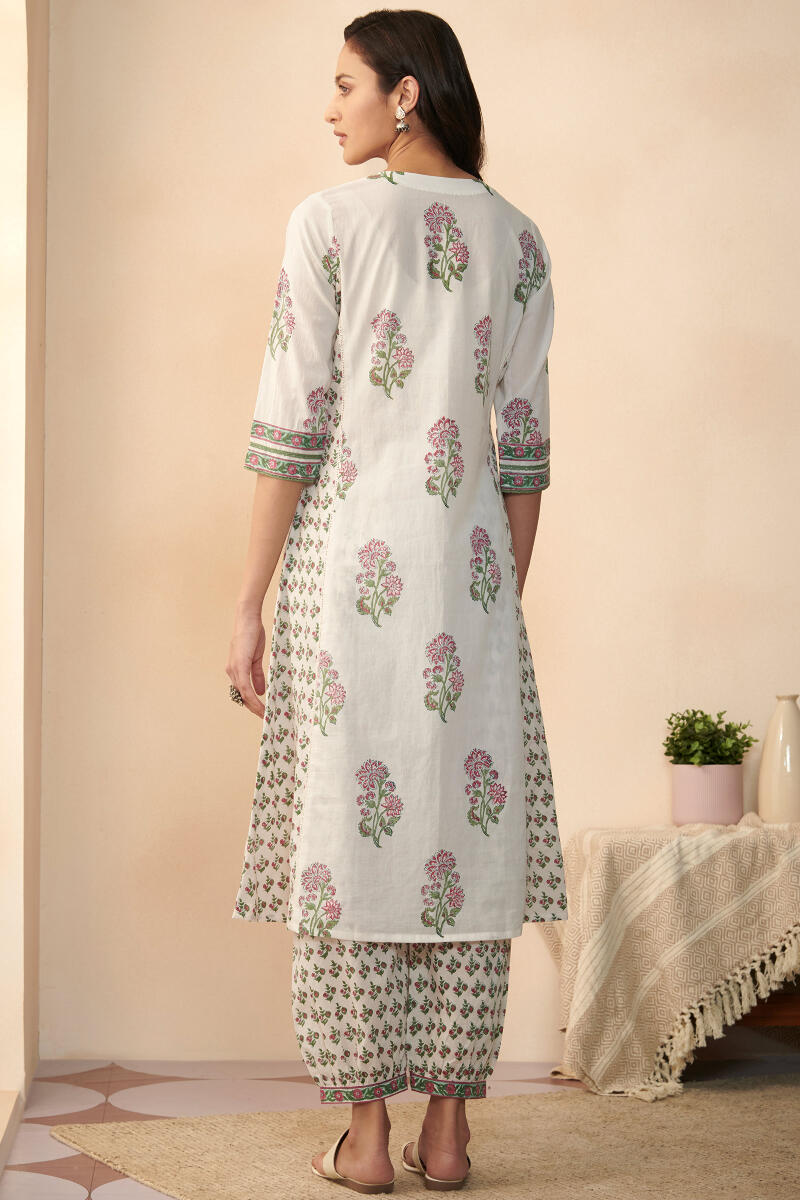 White Hand Block Printed A-Line Cotton Kurta