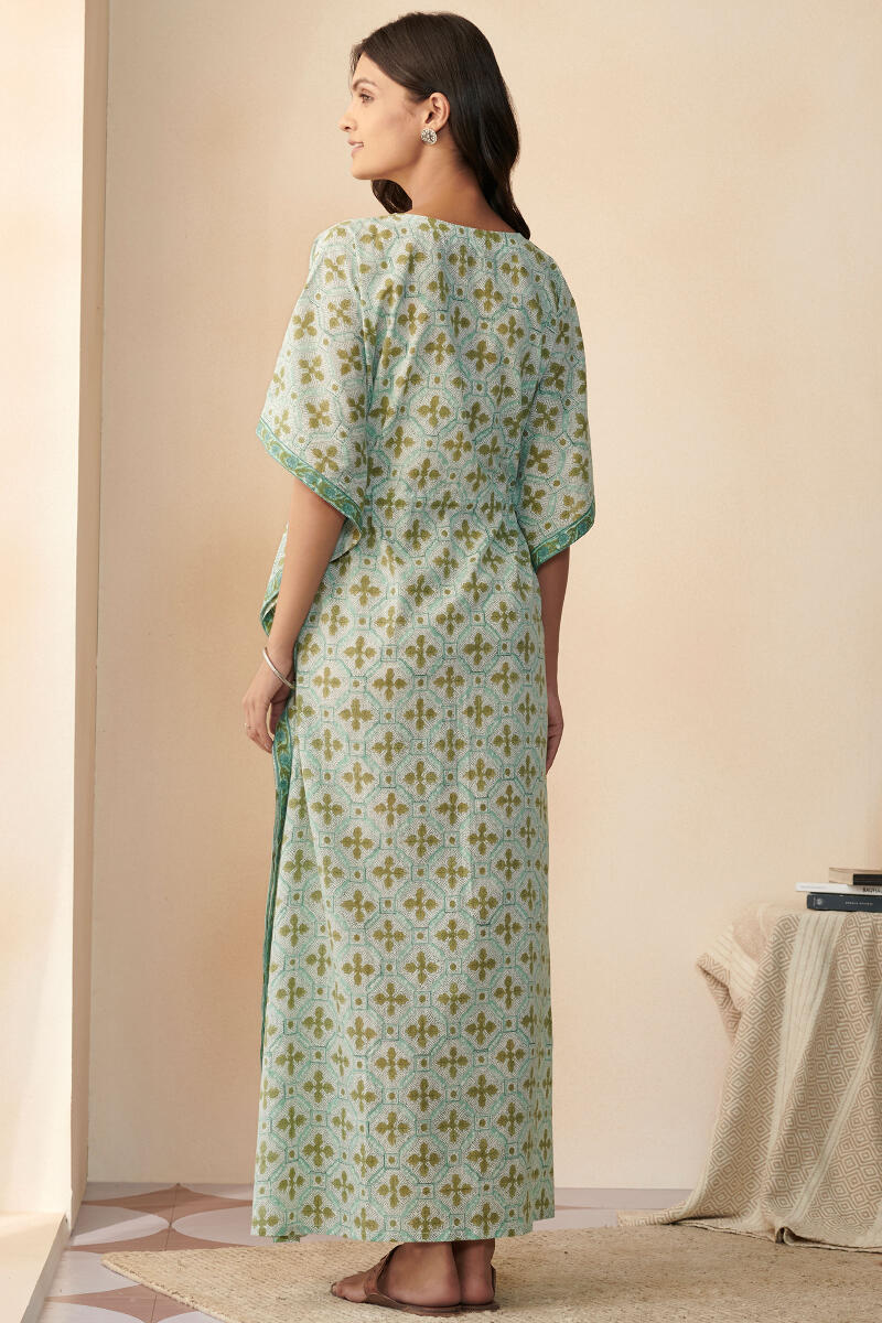 Green Hand Block Printed Cotton Kaftan