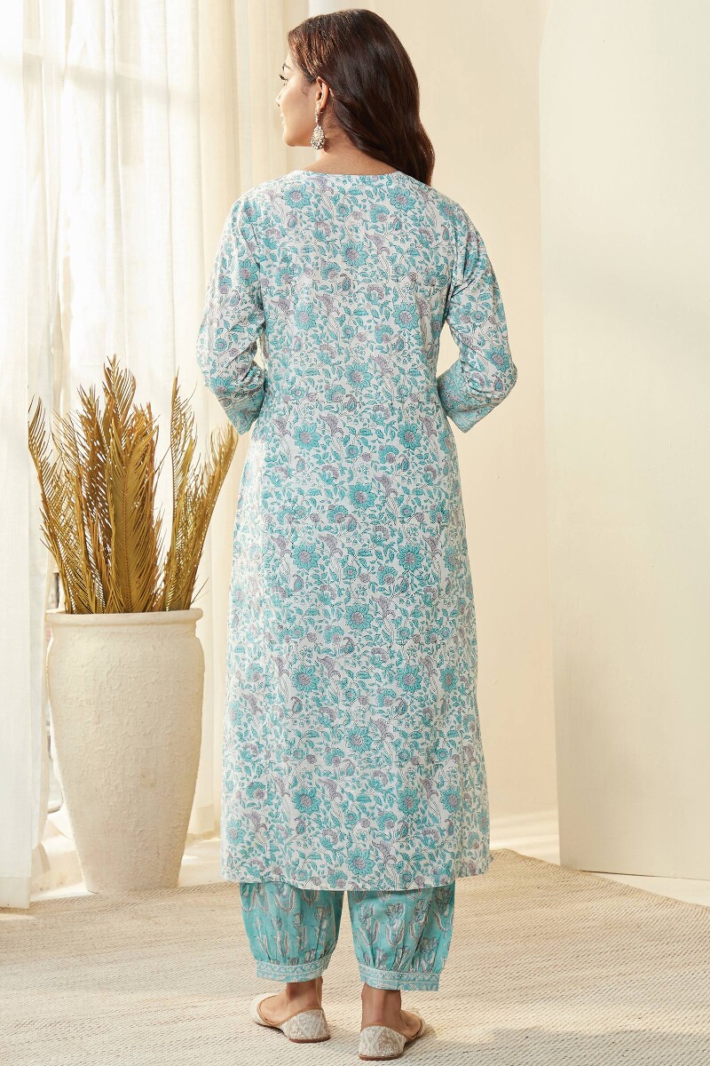 White Hand Block-Printed Straight Cotton Slub Kurta
