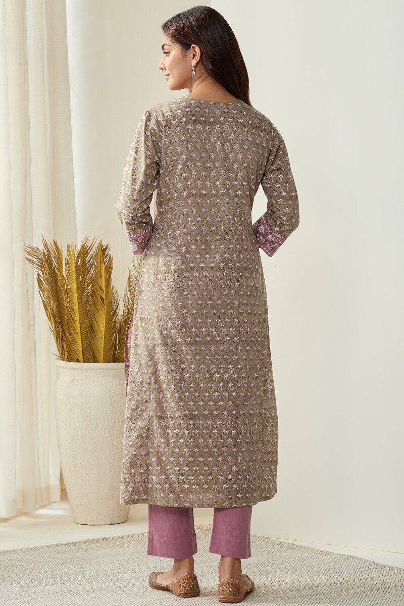 Olive Green Hand Block-Printed Straight Cotton Kurta