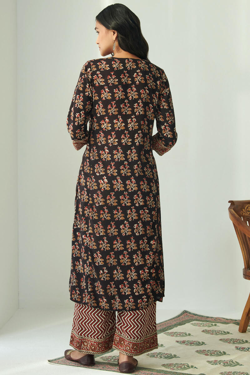 Black Hand Block Printed Straight Shantung Kurta