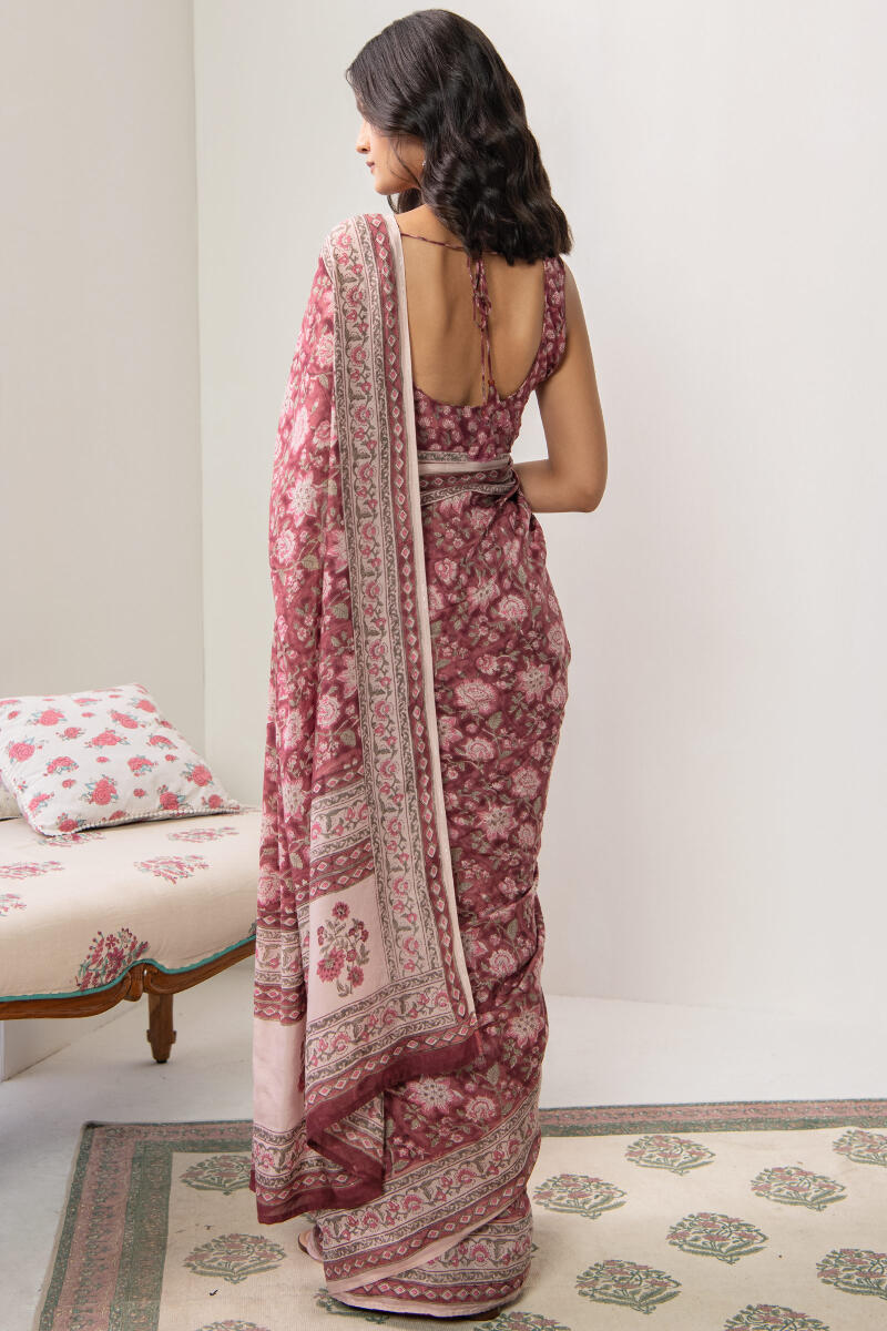 Purple Hand Block Printed Cotton Silk Saree