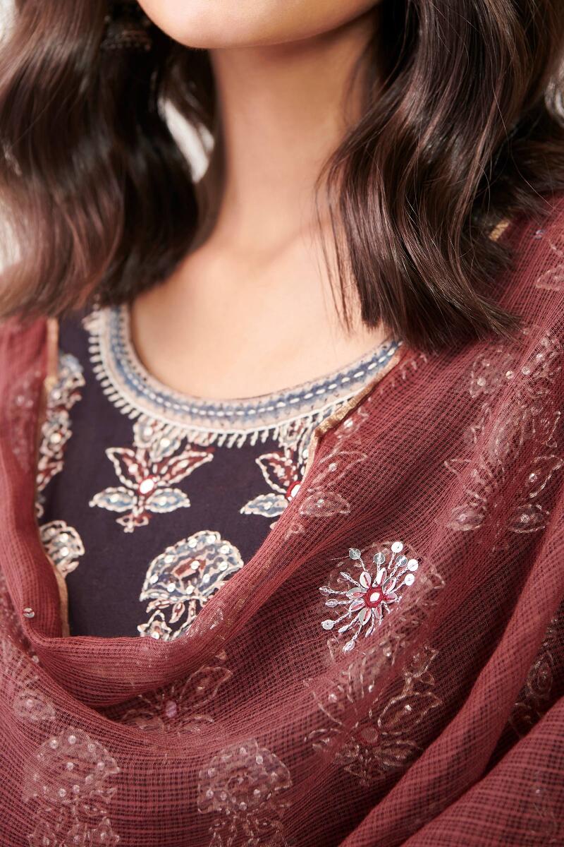 Maroon Hand Block Printed Kota Silk Dupatta