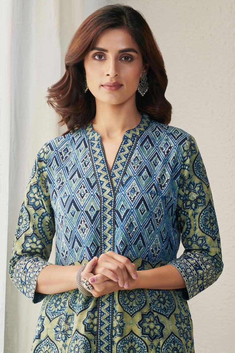 Green Block Printed A-Line Cotton Kurta