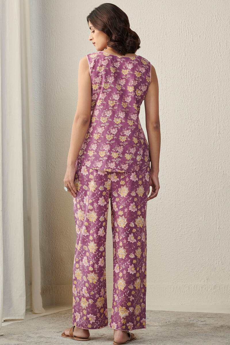 Purple Block Printed Cotton Loungewear Set