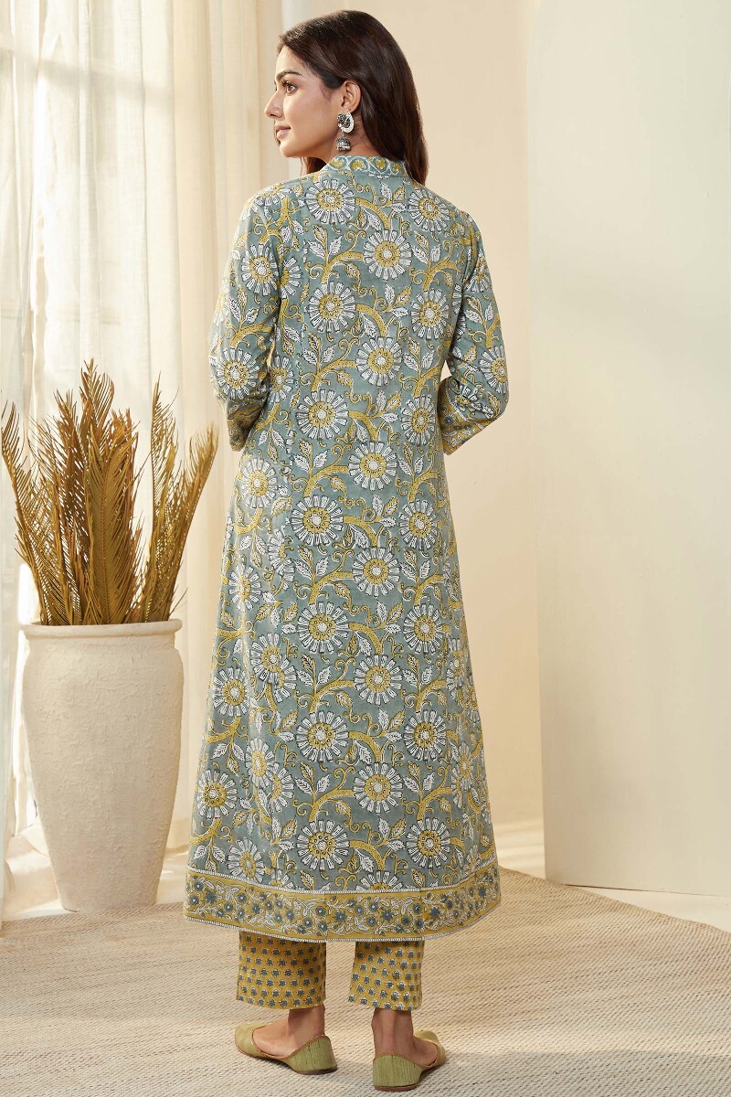 Grey Hand Block-Printed A-Line Cotton Mul Kurta