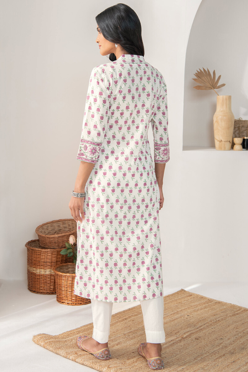 White Hand Block-Printed Straight Cotton Kurta