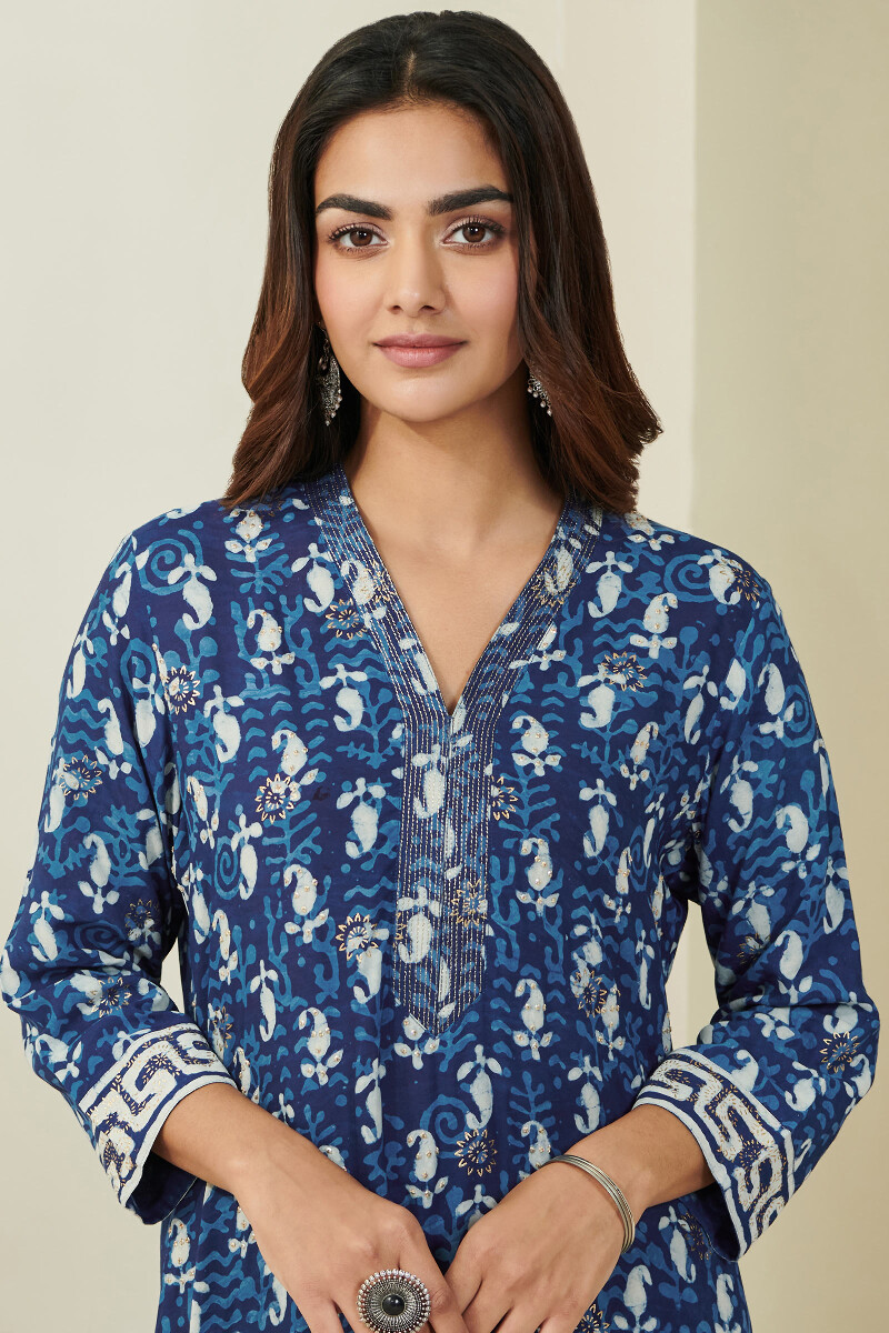 Indigo Hand Block-Printed Straight Viscose Kurta