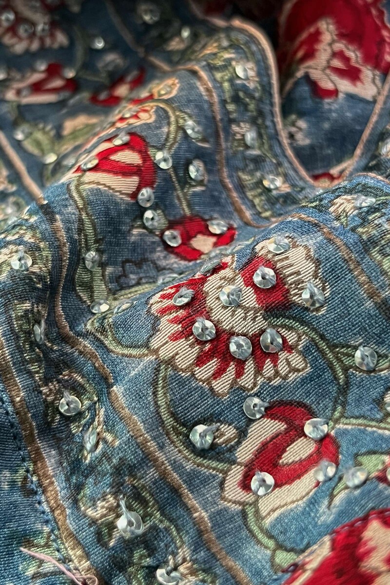 Blue Hand Block-Printed Straight Chanderi Kurta