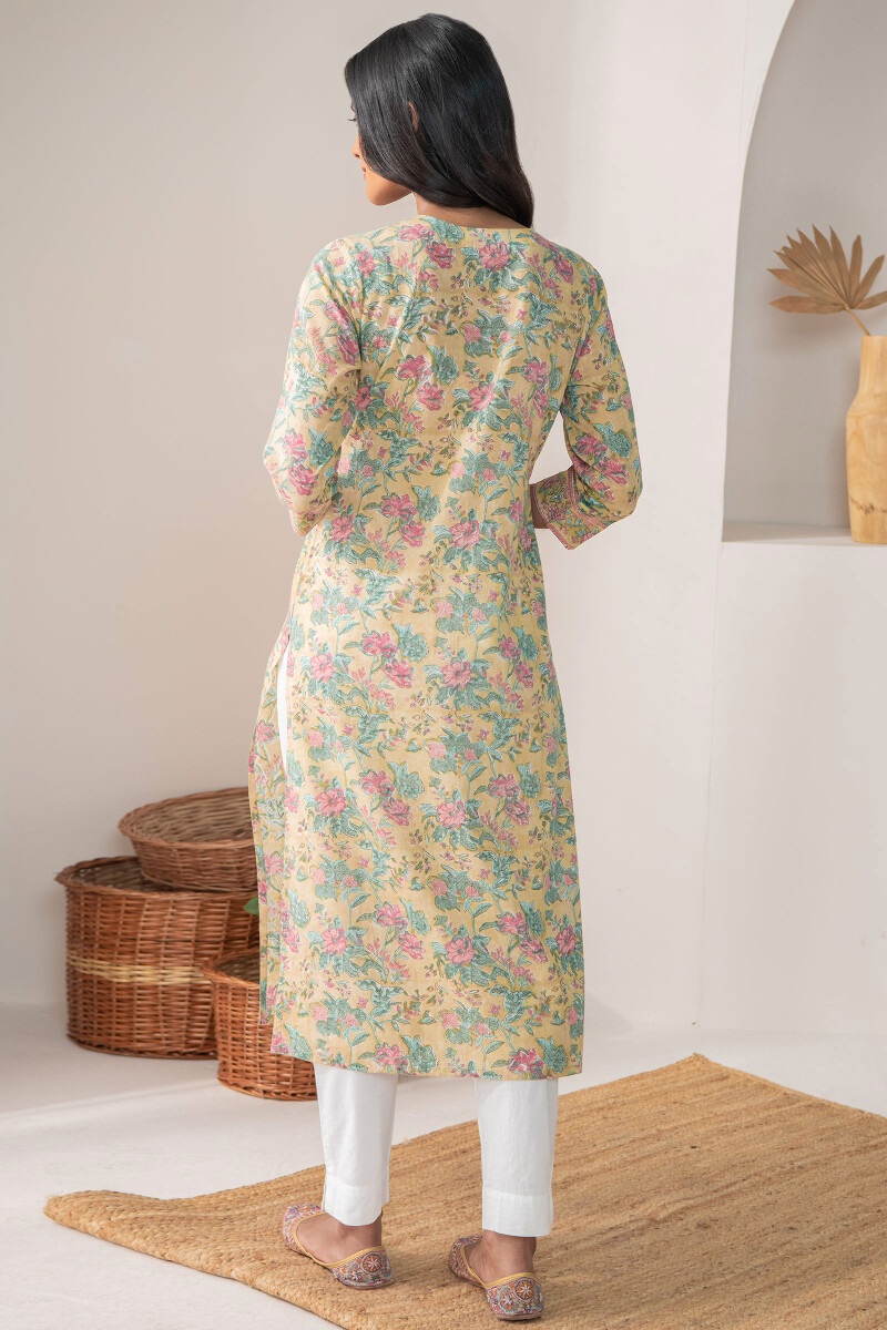 Yellow Hand Block-Printed Straight Cotton Kurta